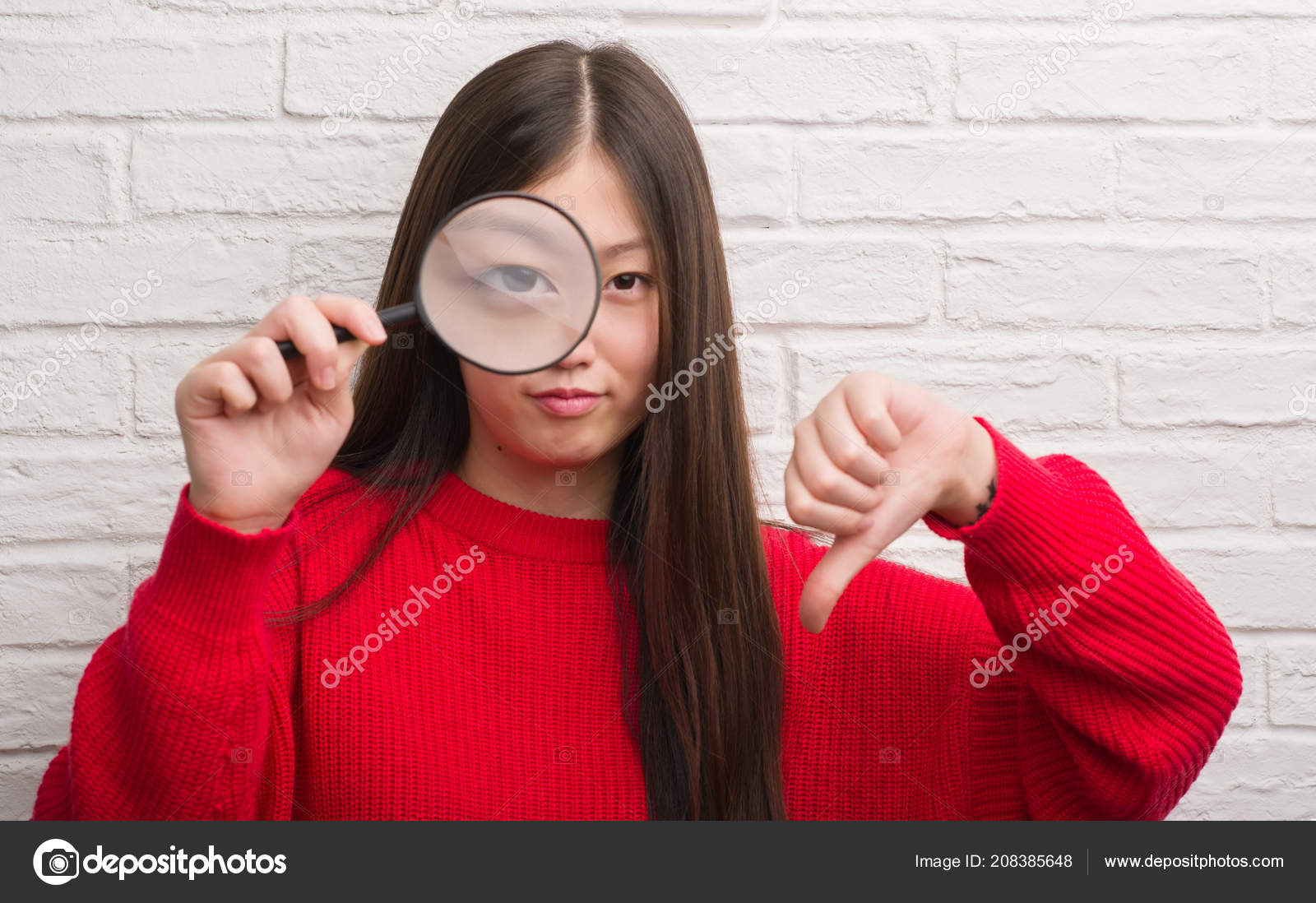 Mulher Chinesa Jovem Sobre Parede Tijolo Olhando Através Lupa Com fotos,  imagens de © Krakenimages.com #208385648